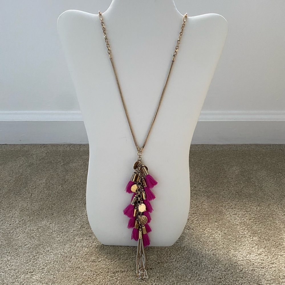 28” Gold and Fuchsia tassel necklace